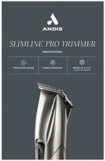 A professional slimline pro trimmer by ANDIS, featuring a silver metal body and a rotor motor for precision and power. It is cordless and has a battery indicator.